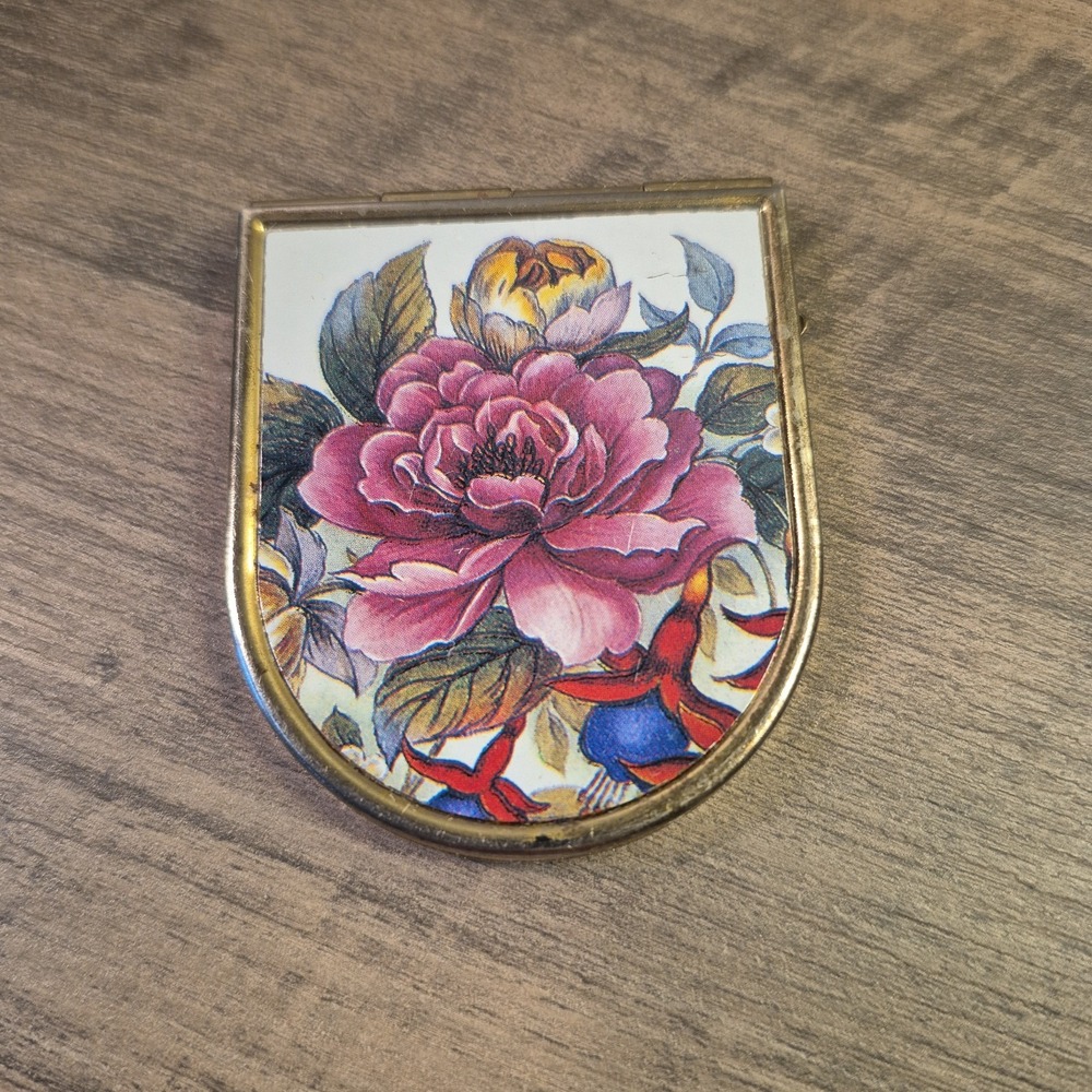 Vintage Hinged FOLDING DOUBLE MIRROR Compact FLORAL Flowers